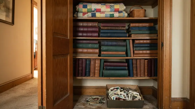 A hall closet shelf stacked with many thick photo albums with cloth and leather spines, a folded quilt and a shoebox of loose prints beside them