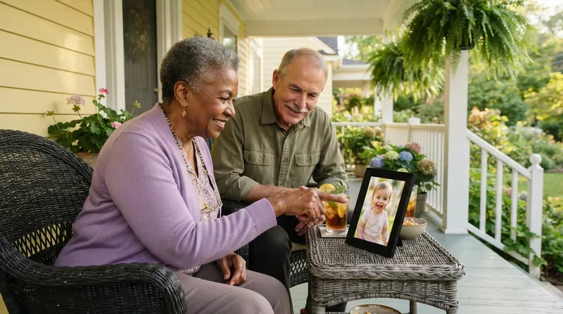 An older Black woman in a lilac cardigan showing a digital photo frame on her porch table to an older white man with a gray mustache, both smiling