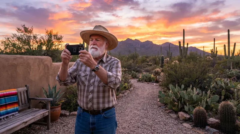 An older man in a wide-brimmed hat photographing a desert sunset over saguaro cactus with his phone held sideways