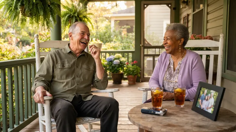 Two older neighbors, a man with a gray mustache and a woman in a lilac cardigan, laughing together in rocking chairs on a porch with a small recorder on the table