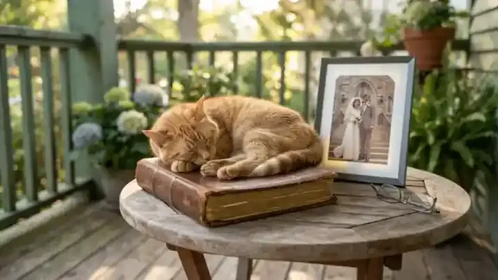 A closed brown leather wedding album on a porch side table beside a glowing digital photo frame showing an old faded wedding photo, with a sleeping orange cat curled on the album, slow zoom