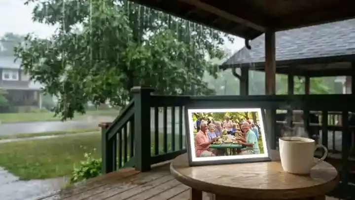 Rain falling off the edge of a wooden porch roof in front of a glowing digital photo frame and a steaming mug of coffee on a side table, slow pan