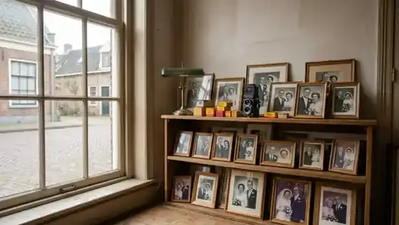 An old photography studio shelf with framed wedding prints, a vintage medium-format camera and rolls of film beside a window