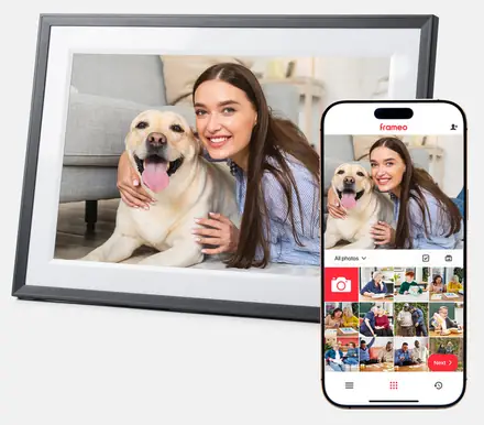 The Relish Digital Photo Frame, a dark gray 10-inch frame with a white mat, beside a phone showing the Frameo app